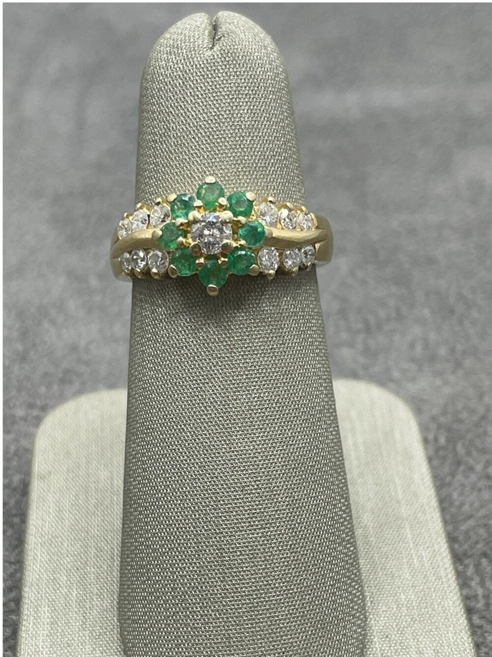 14K Yellow Gold Diamonds & Green Stones Flower Ring (24306)